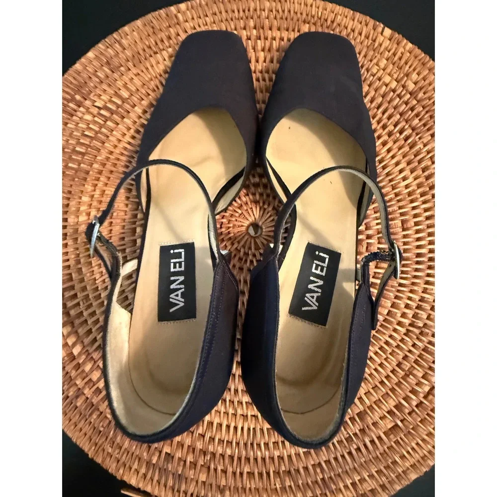 Van Eli Black Satin Mary Jane Pumps Square Toe‎ Block Heel d'Orsay Shoes 9M
